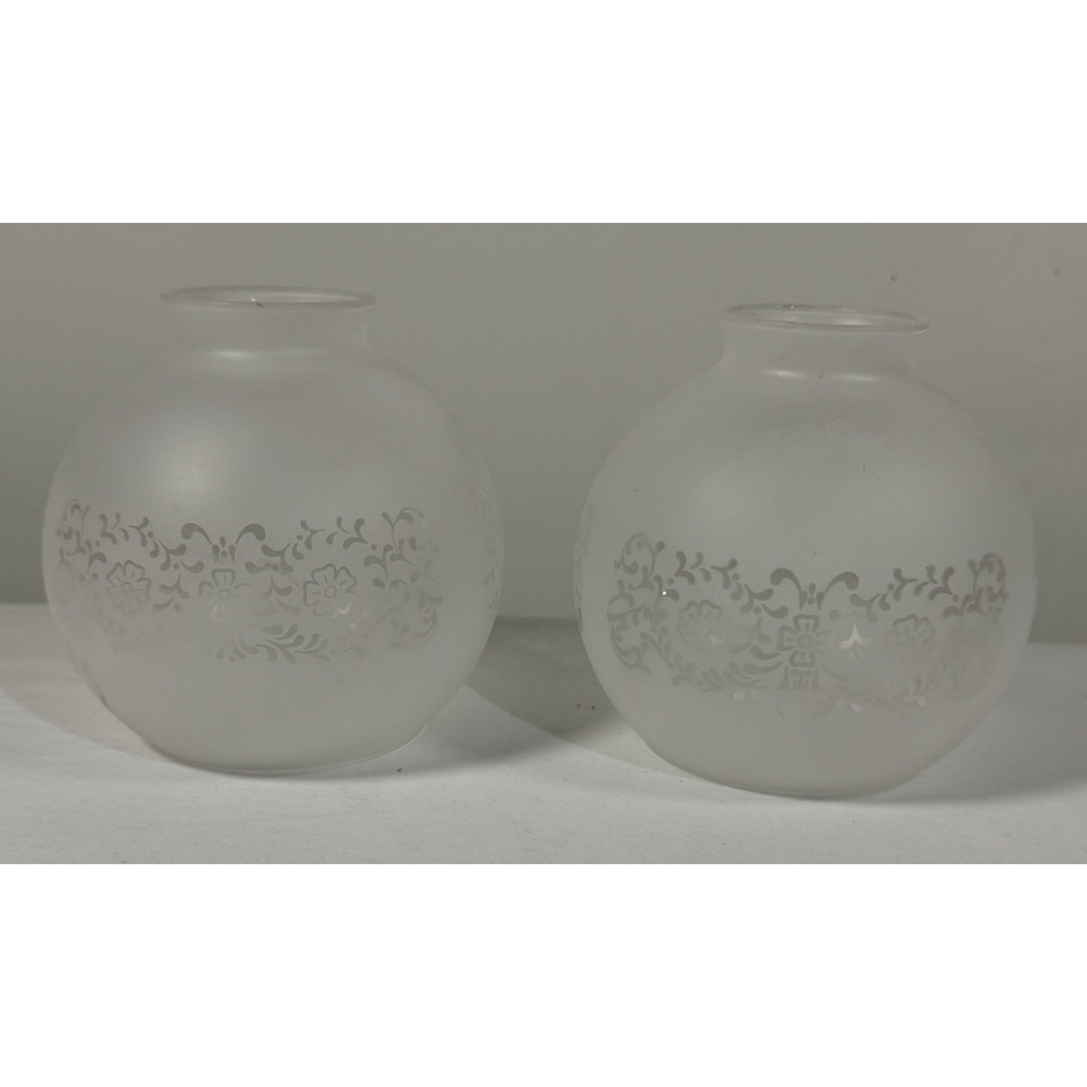 Pair Vintage Frosted Ball Floral Etched Replacement Lamp Shade Glass 3 1/4 Base
